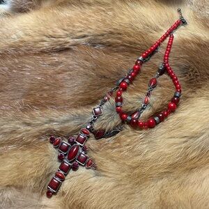 Elegant Red Beaded Cross Necklace